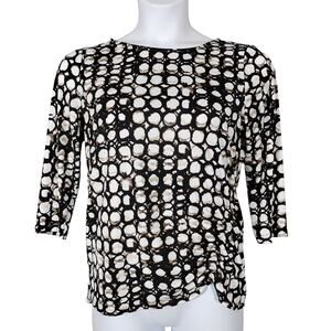 Croft & Barrow Blouse Size Small Black & White Print 3/4 Sleeve Asymmetric Front